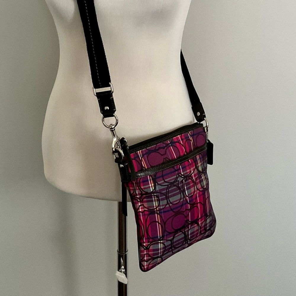 COACH Poppy Purple Multicolor Tartan Plaid Glitter Swingpack 48153